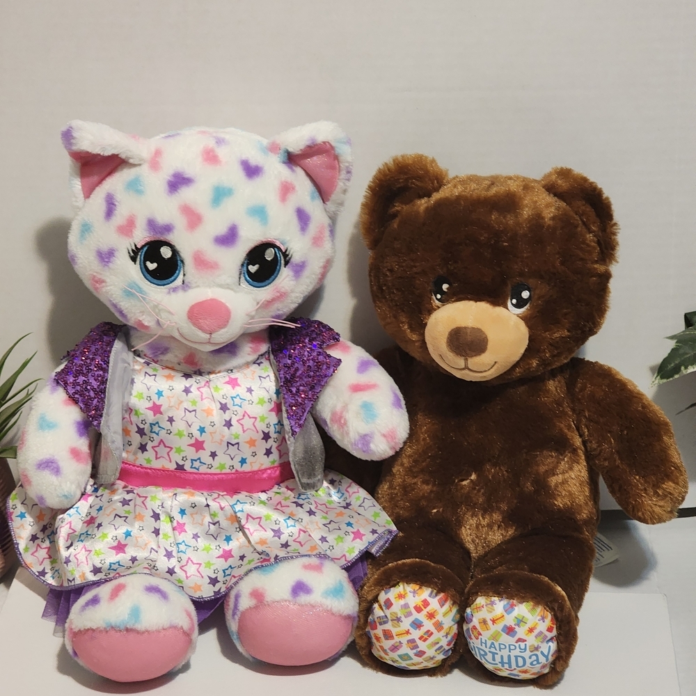 Colorful Plush Cat and Brown Bear Toy Set